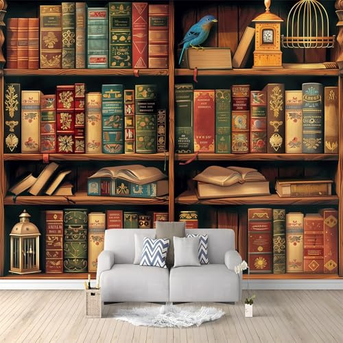 Fototapete 3D Effekt Bücherregal Braun Retro Nostalgisch 250x175 cm Vliestapete Wohnzimmer Schlafzimmer Vlies Tapete Art Wandtapete UV-Beständig Wanddekoration Tapete