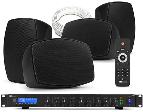 4x PD BHW30BK Wall Mounted Weatherproof Outdoor Speakers with PDC90 Media Amp, Bluetooth & DAB+ Tuner, Commercial Music System for Restaurant, Cafe & Bar