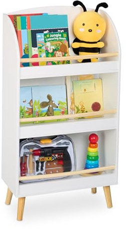 Relaxdays Librería Infantil, 95,5 x 50 x 24 cm, 3 Estantes Abiertos para Libros, Estantería Niños, Blanco y Natural