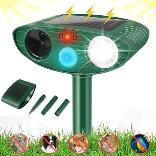 Joomouney Cat Repellent Garden, Ultrasonic Cat Deterrent for Garden Solar Animal Scarer Ultrasonic Fox Deterrent with PIR Sensor&LED Flash, IPX4 Waterproof Outdoor Pest Repellent for Lawn Yard Gardens
