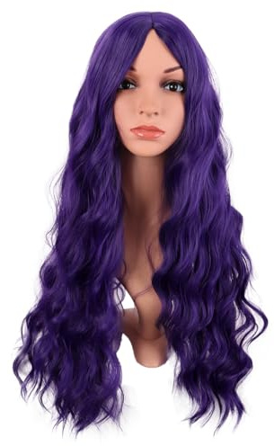MapofBeauty 28 Pulgada/70 cm Largo Wavy Pelucas Middle Part Sintética Fibras Rizo Cabello Reemplazo Peluca Para Fiesta de Cosplay Diario (Oscuro Púrpura)