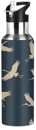 Mexpekil Bouteille d'eau isotherme en acier inoxydable avec paille - Motif grue d'animaux japonais - 600 ml - Bouteille d'eau sous vide pour enfants et adultes