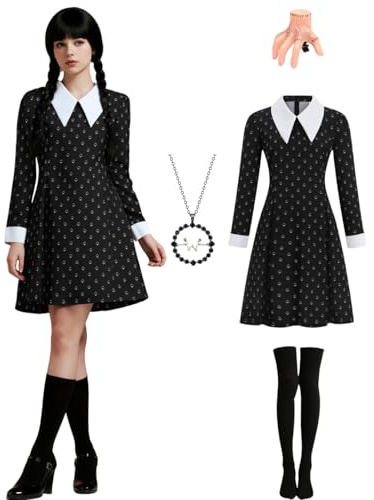 Velmawig Mittwoch Kostüm Damen, Erwachsene Halloween Karneval Kostüm Gothic Familie Cosplay Schwarz Kleid mit Spielkarten-Motiv & Kniestrümpfe, Kette, Haarspange VL047XXL