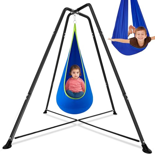Lingvee Sensory Swing Stand Frame with Pod Chair and Swings Set Kid Heavy Duty Metal Swing Stands Autism Hammock Chair Stand Tree Saucer Round for Kid Adult Indoor Outdoor Backyard Park(Blue)