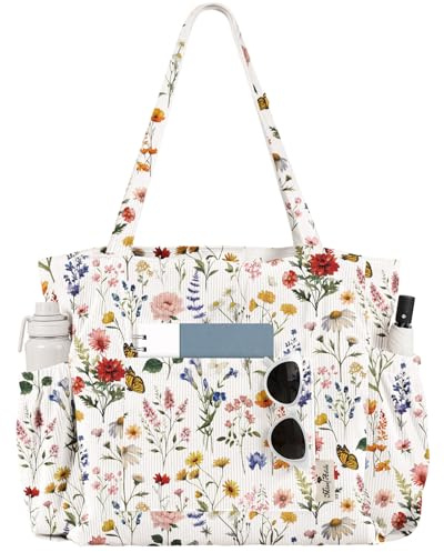 Miss Adola Corduroy Tote Bag for Women - Large Capacity Reusable Shoulder Bags with Zipper Multi-Pocket Design Cute Handbags for Work, School, Travel, and Daily Use, Vintage Flower