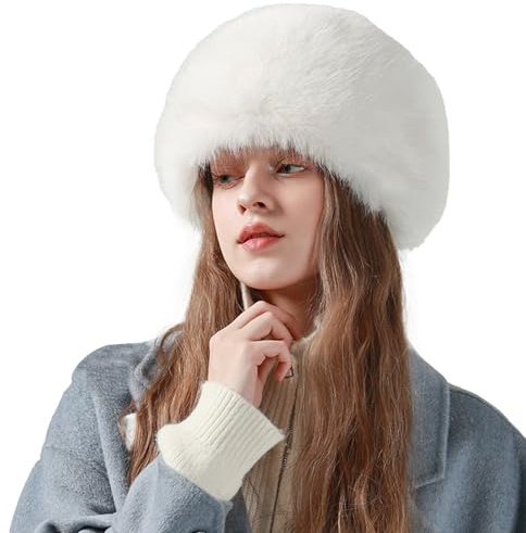 Fjquamitix Women's Plush Fur Hat, Winter Warm Fur Headband with Hood, Russian Style Long Pile Faux Fur for Daily＆Outdoor (UK, Alpha, One Size, White)
