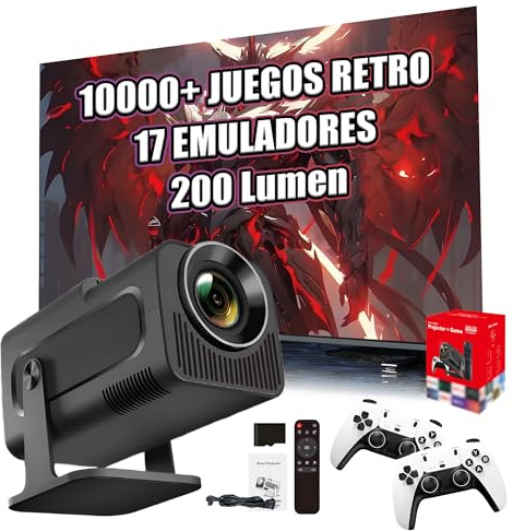 HCS350 Mini Proyector Inalámbrico Portátil con WiFi y Bluetooth, Consola con 10000 Juegos 17 Emuladores, 200 Lumens, 720P, Proyector de Películas Android 11 para Uso en Exteriores (Caja Roja)