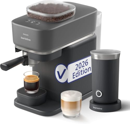 PHILIPS Baristina Espressomaschine mit Milchaufschäumer, Schwarz, 16 Bar | mahlt, tampt & brüht automatisch, leichte Reinigung, Keramikmahlwerk (BAR308/60)