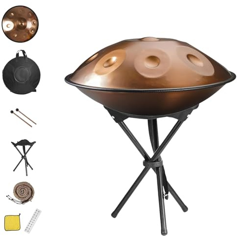 Handpan Aus Stahl, 56 Cm, D-Moll-Handtrommel, 9–12 Töne, 432 Hz /440 Hz – Heilende Klangtrommel Aus Stahl Mit Tasche & Ständer, Für Meditation Und Anfänger(Gold,440HZ/12Note)