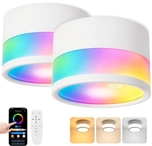 URing LED Aufbauspot RGB Deckenspots Aufputz IP65 Weiß, 2 Stück | 12W, Deckenleuchte mit Fernbedienung APP, Dimmbar, 2700K-6500K, Flach, Aluminium, Rund Aufbaustrahler für Badezimmer, Ø10,9cm