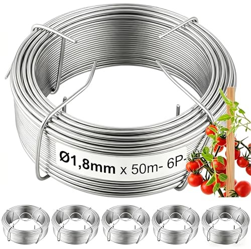 Amagabeli Fil de Fer Galvanisé Ø1.8mm x 50m (Lot de 6) - Fil de Tension Renforcé pour Clôtures & Serres - Fil Métallique Antirouille pour Tuteurs Lourds