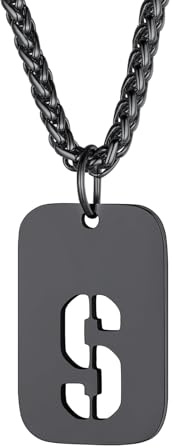 Richsteel Halskette Herren Kette Männer mit Buchstaben A-Z Schwarz Anhänger | Kette Buchstaben 55+5cm Anhänger für Herren Dogtag Namenskette Partnerkette mit Geschenkebox Personalisierbar Gravuren