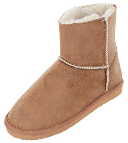 Autumn Faith Ladies Luxury Slipper Boots Ankle Bootees Microsuede Faux Fur Lined Tan 5 UK