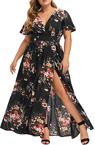 Ansenesna Kleid Große Größen Damen Sommer Blumen Lang Elegant Sommerkleid Für Mollige Frauen V Ausschnitt Kurzarm Kleider Leichte Sommerkleider