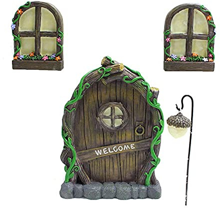Set of 4 Fairy Door and Window for Tree, Mini Fairy Garden Glowing in the Dark with Lantern - Creative Garden Miniatures Tree Hugger Garden Sculptures Yard Art for Outdoor Trees Door