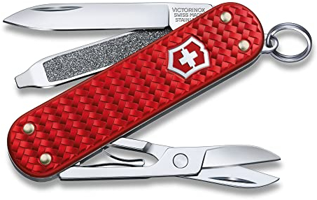 VICTORINOX Multiuso Classic Precious Alox, 5 Funzioni, Multi-strumento con Forbici, Cacciavite, Anello Portachiavi, in Scatola Regalo, Iconic Red