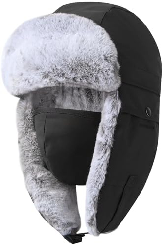 GADIEMKENSD Winter Trapper Hat for Men Warm Russian Ushanka for Women Snow Ski Hunting Trooper Hat with Ear Flaps Chin Strap Windproof Mask Faux Fur Aviator Warm Hat Cold Weather Caps Black XL