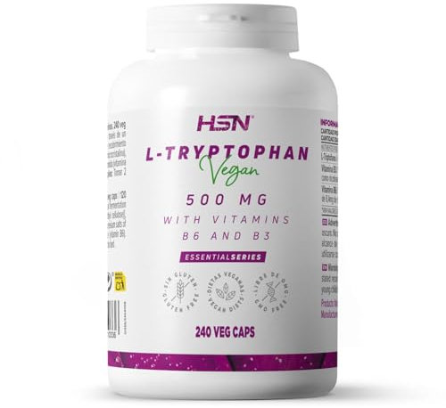 HSN L-Triptófano 500 mg | 240 Cápsulas Vegetales | Alta Concentración Puro Aminoácido Triptófano | Con Vitamina B6 y Niacina (B3) | No-GMO, Vegano, Sin Gluten