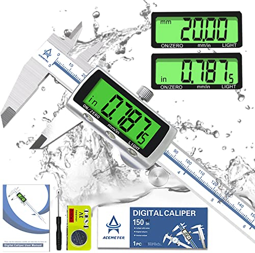 Messschieber Digital, ACEMETER Schieblehre mit Hintergrundbeleuchtung 150mm / 6-Zoll mit Groß Lcd Präzision Schublehren Tiefenmesser Edelstahl Analog Ip54 Wasserdicht Für Innen Außen stufen Messing