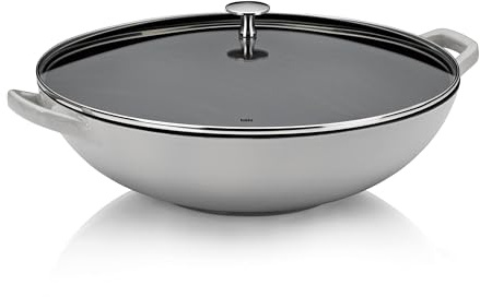 kela Wok in ghisa con coperchio in vetro 36 cm CALIDO, padella wok a induzione, padella wok con coperchio, smaltata, grigia