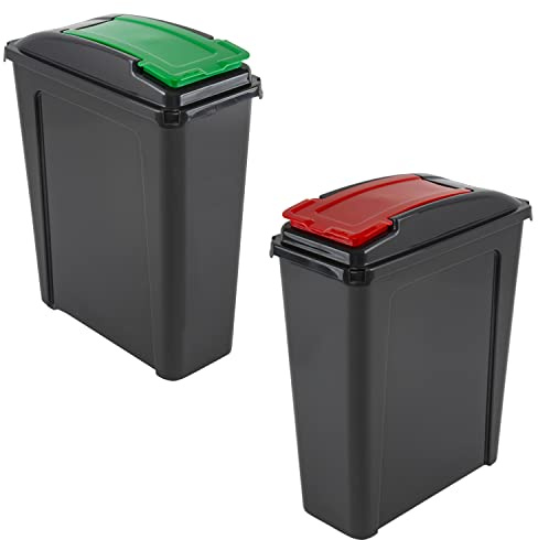 JMS we create smile (Set of 2) 25L Litre Plastic Indoor Slimline Bin Waste Storage Bin Recycle Rubbish Dustbin with Colour Flap Lid For Home Kitchen Bathroom - Made in UK (Red + Green)