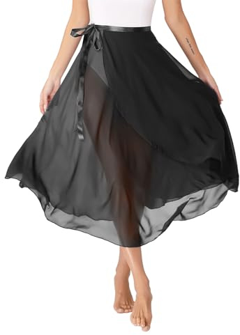 inlzdz Femme Jupe de Danse Classique Ballet Latine Plissée Asymétrique en Mousseline de Soie pour Sport Yoga Compétition Performance Spectacle A Noir Taille Unique