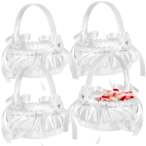 Cabilock Blumenmädchenkörbe Mit Griff 4Er Set Satin Blumenkorb Mit Perlen Und Schleifen Dekor Für Hochzeitszeremonie Streukörbchen 6.7X4.7X2.8 Zoll Leicht Und Robust Für Hochzeit Party