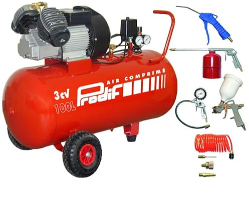 Compresseur coaxial 100L 3CV V204710 PRODIF + Kit 8 accessoires raccords rapides PRODIF