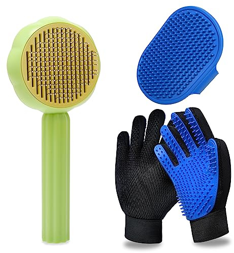 GJEASE Katzenpflege-Handschuhbürste, selbstreinigende Zupfbürste für kurz- und langhaarige Haustiere, Hunde-Badebürste für Haarausfall und Pflege, entfernt lose Haare und Verfilzungen, fördert die