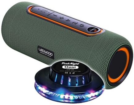 Ledwood - Altavoz portátil XTREM140 LD-XT140BT-GREEN, 100W/10W RMS, Bluetooth 5.0, TWS, impermeable IPX5, Autono. 6H, Juego de Luz Ovni