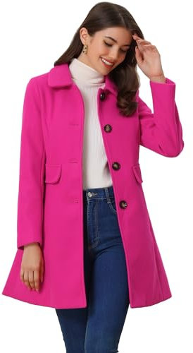 Allegra K Abrigo de cuello de solapa vintage para mujer Abrigo de invierno medio largo de un solo pecho Rosa Caliente XS