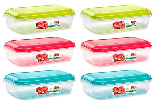 Acan Tradineur - Pack de 6 Fiambreras rectangular con tapa - Fabricado en plástico - Capacidad de 2 Litros - Apta para microondas y lavavajillas - 8 x 30 x 16 cm - Tapa Color Aleatorio