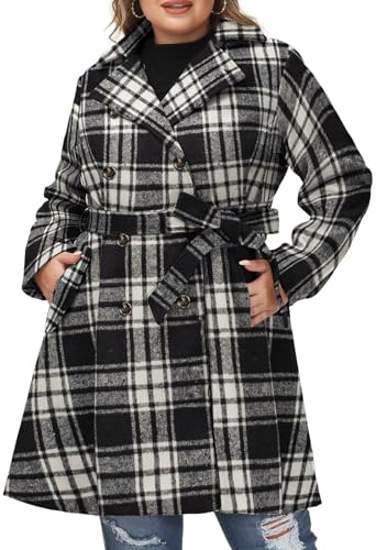 Hanna Nikole Manteau en Laine pour Femme Grandes Tailles Manteau d'hiver Double Boutonnage avec Poches Ceinture Manches Longues Trench-Coat de Longueur Moyenne