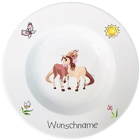 Doriantrade Suppenteller 22cm Kinderteller Teller Porzellan Pferde 2 personalisierbar mit Wunschname Name Kindergeschirr mit Namen personalisiert