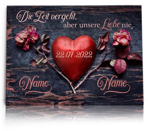 Liebesleinwand Individuelles Wandbild | Jahrestag, Hochzeitstag Geschenke für Frauen | Leinwand mit Namen und Datum gestalten | Unsere Liebe vergeht nie