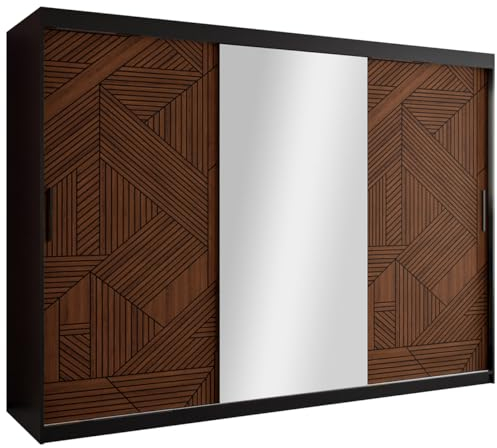 Mirjan24 Schwebetürenschrank Monkis II, Kleiderschrank mit 2 Kleiderstangen, 10 Einlegeböden Spiegel Schlafzimmer Schrank, Garderoben (Schwarz Matt/Dunkel Nuss, ohne Schubladen, Breite: 250)