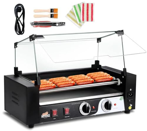 Commercial Hot Dog Roller Machine | Dual Temp Control, 1000W Sausage Grill Cooker | Non-Stick Roller Sausage Roasting Hot Dog Warmer | Removable Drip Tray & Cover | 0-250℃