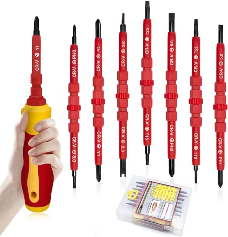 8 Pezzi Set di Cacciaviti Isolati, 14 in 1 VDE Set Cacciaviti Professionali con Impugnatura Morbida, Cacciaviti Elettricista Cacciavite Intercambiabile Magnetica da Elettricista Set