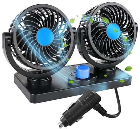 Quunoot Doppelkopf 12V Auto Ventilator, 360 Grad drehbar mit 2 Geschwindigkeiten Doppellüfter Geeignet mit Zigarettenanzünder Plug In für 12 Volt Autos