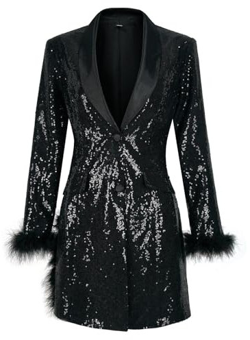 Beokeuioe Damen Blazer Mit Glitzer Oversize Blazer Langer Damen Pailletten Sakko Jacke Elegant Anzugjacke Party Bühne Glänzend Festliche Longblazer Für Abendkleid Festlich Blazer