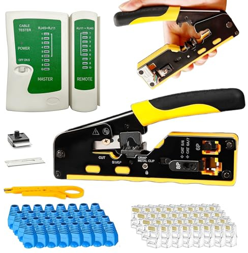 Multifunktionellt nätverksverktygsset, professionellt RJ45 pressverktygsset för CAT5/CAT6/CAT7-kabel, Ethernet-pressverktyg för avskalning, skärning, ergonomisk design, professionellt kit