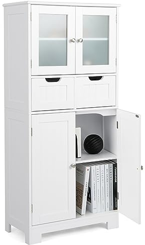 GOPLUS Badezimmerschrank mit Schubladen & Schränke, Badkommode mit verstellbaren Regalen, Aufbewahrungsschrank für Badezimmer, Küche & Wohnzimmer, 60 x 30 x 128 cm (Weiß)