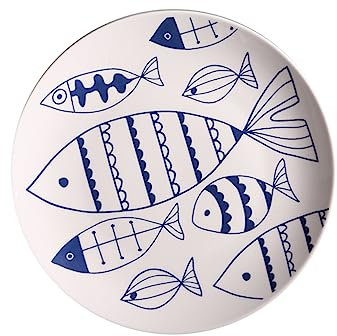 LALADEFIEE 1pezzi Piatto Ceramico Con Disegno Mano Di Pesci Elegante Piatto Da Tavola Porcellana Per Uso Domestico Per Amici e Famiglia