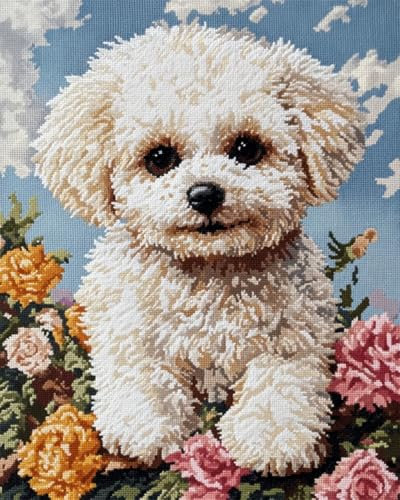 N.LANSHAN Diy-Teppich Knüpfstern Knüpfkissen-Set Mit Hund Und Blumen，Süße Tiere，Knüpfteppich-Set Für Anfänger，Diy-Handarbeit，Häkelteppich-Set，Heimdekoration 55x75cm