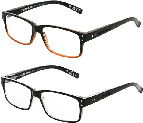 Foster Grant Men's Rowan 2-Pack Square Reading Glasses, Black- Brown Fade, Black, 37.5 mm, 1.75 Diopters