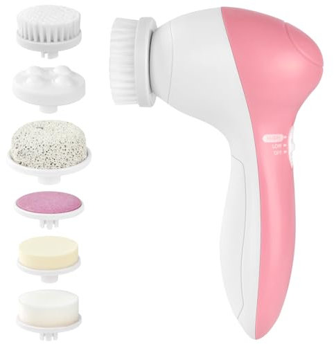 LOPHE Spazzola per la Pulizia del Viso, 7-In-1 Pulizia Viso Elettrico con 7 Ruotabile a 360 ° Testine, Spazzola per la Pulizia Viso Rimovibile, Esfoliante Delicato, Massaggio(Rosa)