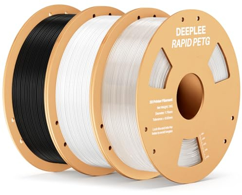 DEEPLEE Filamento PETG Rapido 1.75 mm, Pack 3 kg: Nero + Bianco + Trasparente (3×1 kg), Alta Resistenza agli Urti, Stampa Fino a 638 mm/s per Stampanti 3D FDM