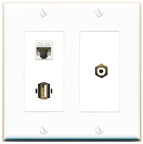 RiteAV Placa de pared de 2 bandas, 1 puerto, CAT5E RCA, color blanco, USB 2, acoplador hembra-hembra [blanco]