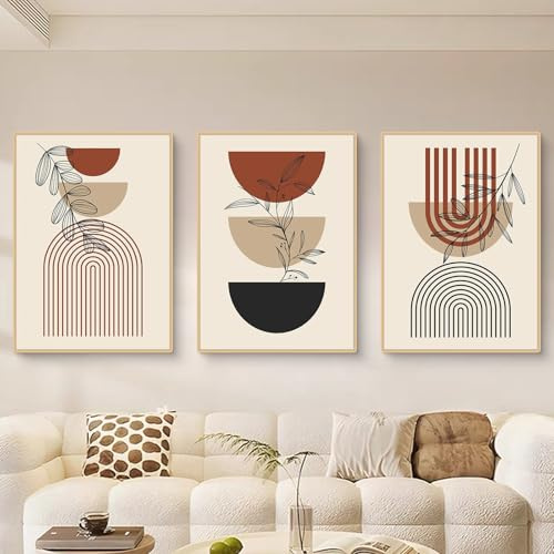 Uixxducc 3-teiliges Boho Poster Set Aesthetic Pflanze mit Minimalistischen Geometrischen FormenBilder, Ohne Rahmen, Beige Wandbilder Wohnzimmer Abstrakt Wanddekoration für Schlafzimmer (40x50cm)