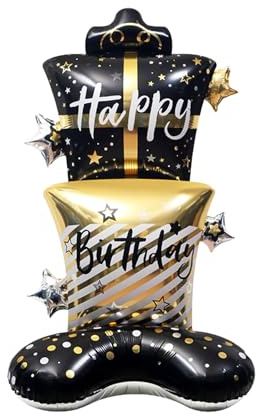 Koboko Stehend Folienballons Geburtstag, XXL Happy Birthday Ballon Schwarz Gold, Torten Geburtstagsballons, Helium Ballons Geburtstag Deko, Happy Birthday Ballons für Erwachsene Kindergeburtstag Deko